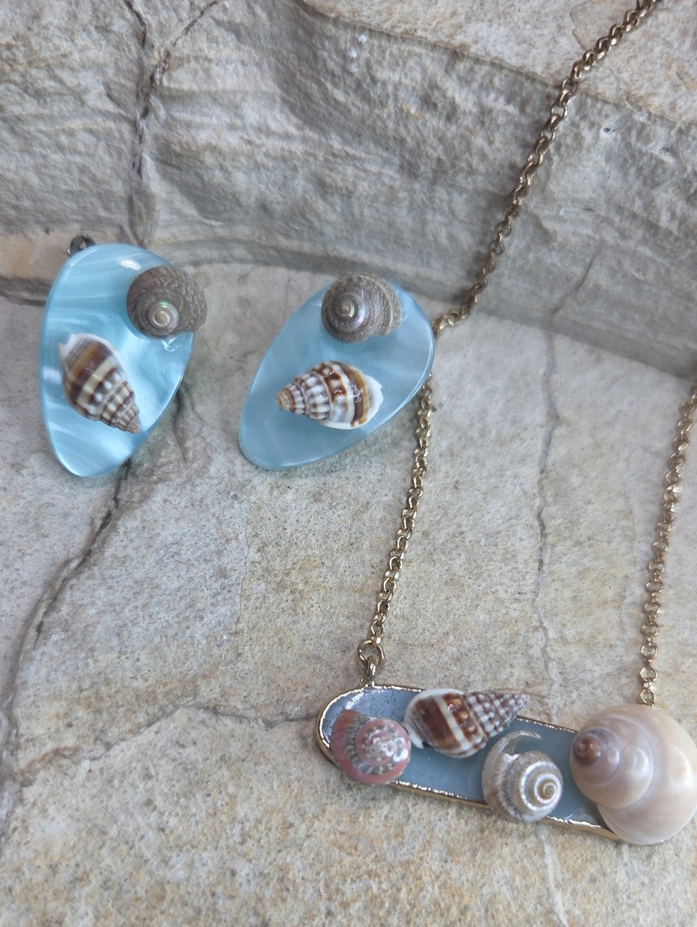 Handmade Beach Shell Necklace and Earring Set in Seafoam Blue